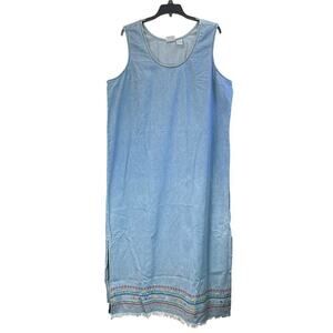 VTG Caroline Blue Plus Womens 18W Embroidery Blue Jean Sleeveless Slit Dress